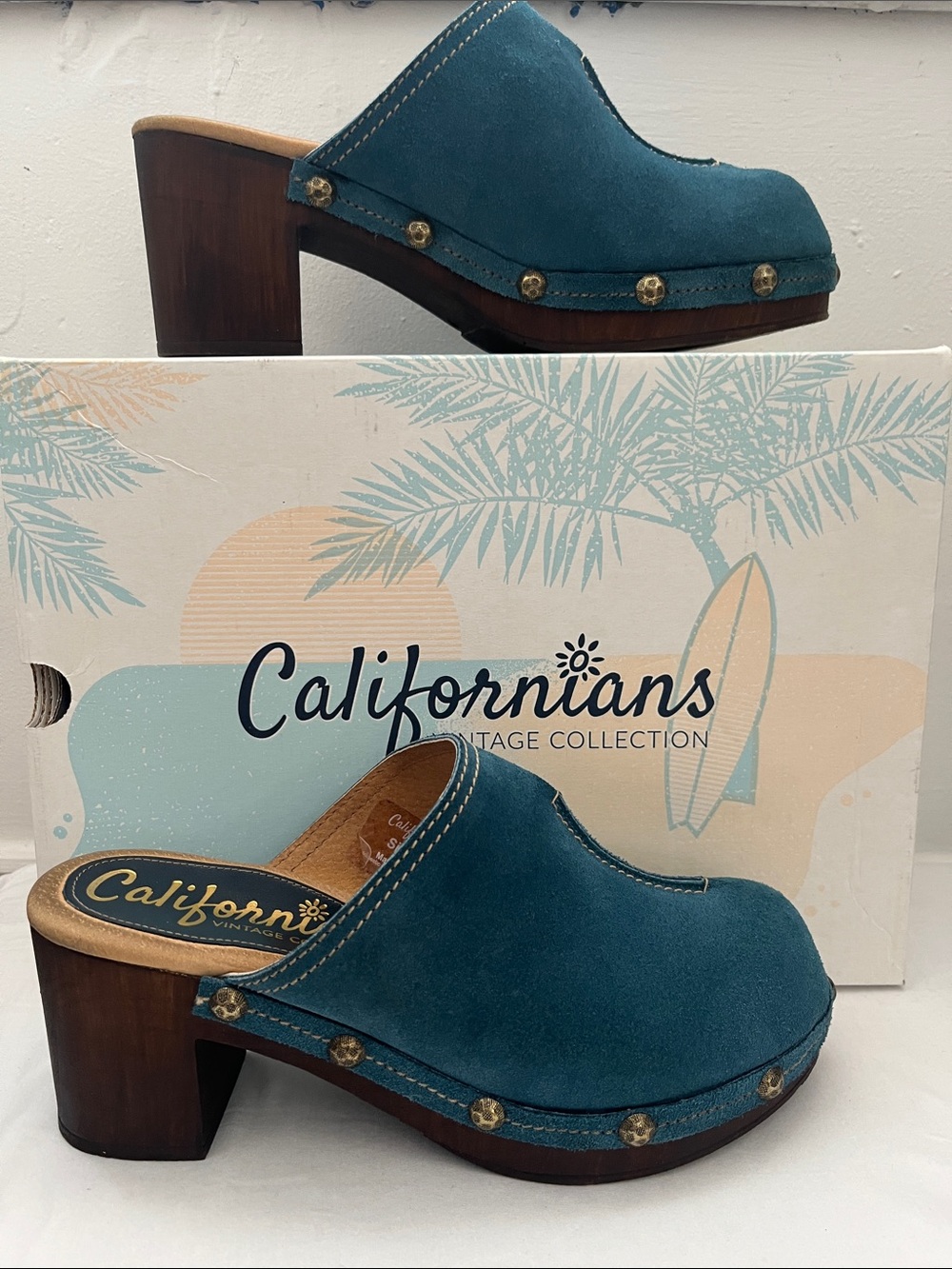 C&C California Teal Suede Studded Wooden Clogs